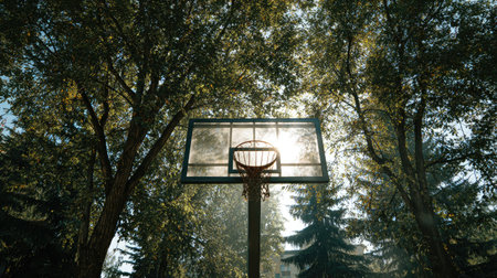 A stunning view of a basketball hoop surrounded by lush trees and filtered sunlight, creating a peaceful and serene atmosphere in a quiet outdoor setting.の素材