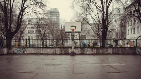 An empty basketball court set against a backdrop of a cloudy urban landscape. The rainy weather creates a moody atmosphere, with bare trees and wet pavement.の素材