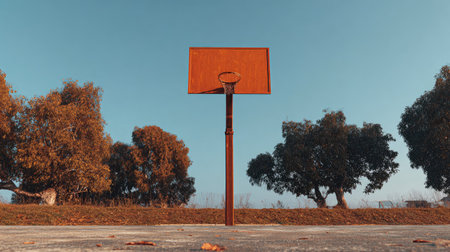 This image features an empty basketball court with a rusting hoop, framed by vibrant trees under a clear blue sky, evoking a sense of tranquility and stillness.の素材