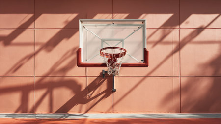 A minimalist view of a basketball hoop against a textured wall, casting dynamic shadows, ideal for themes of sports, fitness, and urban lifestyles.の素材