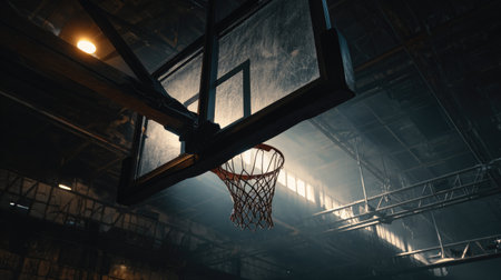 A dramatic view of a basketball hoop in a moody gym setting, where the interplay of light enhances the spirit of competition and the thrill of the game.の素材