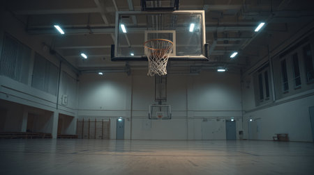 A striking view of an empty basketball court featuring a hoop and net, set in a well-lit indoor facility, perfect for capturing the essence of sports and solitude.の素材