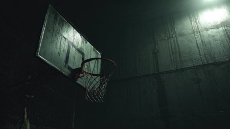 An atmospheric and moody portrayal of a dark indoor basketball court. The weathered hoop and dim lighting provide an intriguing backdrop for sports-themed projects.の素材