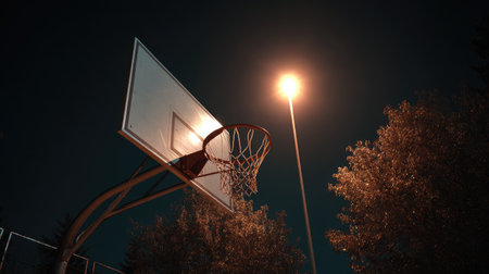 A basketball hoop stands brightly illuminated by a streetlight at night, surrounded by trees, creating a serene atmosphere perfect for night games and community activities.の素材