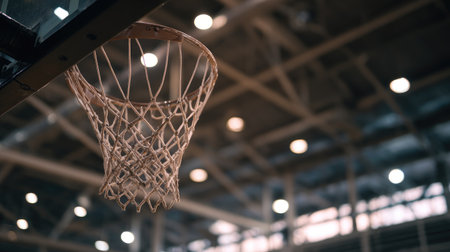 This image captures a close-up view of a basketball hoop with a focus on the net, set against a blurred background of a modern indoor gym, illustrating sports and athletic energy.の素材