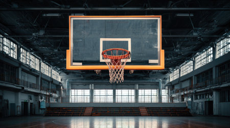 A visually striking image of an empty basketball court featuring a prominent hoop and high ceilings. Perfect for themes related to sports, fitness, and athletic lifestyle.の素材
