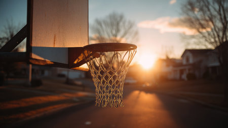A striking basketball hoop silhouetted against a stunning sunset backdrop, casting warm light over a quiet neighborhood street, inviting relaxation and reflection.の素材