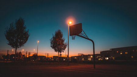 A tranquil outdoor basketball court captured at dusk, with vibrant colors in the sky and soft lighting creating an inviting atmosphere for sports and leisure activities.の素材