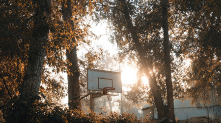 A tranquil outdoor scene featuring a basketball hoop amidst tall trees, with soft sunlight breaking through the leaves on a foggy evening. Perfect for showcasing nature and sports.の素材