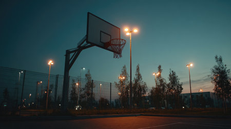 A tranquil scene of a basketball hoop illuminated by streetlights at dusk, set against a backdrop of trees and urban landscape. Perfect for sports, leisure, and lifestyle themes.の素材