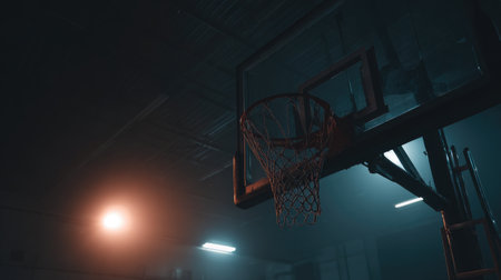 A captivating shot of a basketball hoop illuminated by dramatic lighting, capturing the essence of the game in a moody indoor setting, perfect for sports themes.の素材