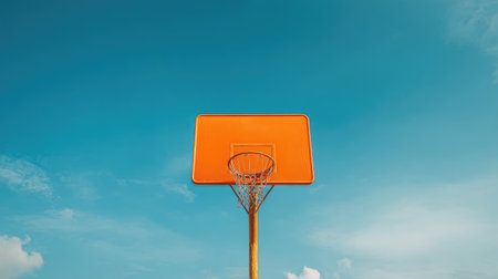 A vibrant orange basketball hoop stands tall against a clear blue sky, creating an ideal backdrop for sports themes, outdoor activities, and summer play.の素材