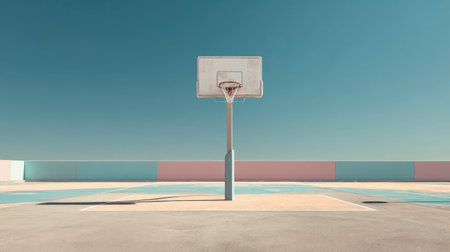 A minimalist basketball court scene featuring a single hoop beneath a clear blue sky, capturing the essence of simplicity and tranquility in urban sports environments.の素材
