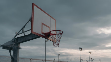 A basketball hoop stands against a dramatic cloudy sky, capturing a moody atmosphere in an urban outdoor court, perfect for sports and fitness imagery.の素材