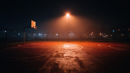 A hauntingly beautiful image of a deserted basketball court at night, shrouded in fog with a streetlight casting a warm glow over the wet pavement.の素材