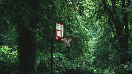 A captivating scene featuring an abandoned basketball hoop nestled in a dense forest, surrounded by vibrant leaves and towering trees, evoking a sense of tranquility and isolation.の素材