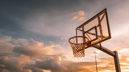 This stunning image showcases a basketball hoop silhouetted against a colorful sunset sky. The dramatic clouds and warm hues create a vibrant atmosphere perfect for sports lovers.の素材