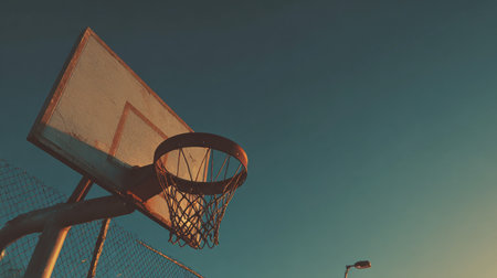 A dramatic angle captures a basketball hoop silhouetted against a stunning twilight sky, evoking the spirit of outdoor sports and community engagement.の素材