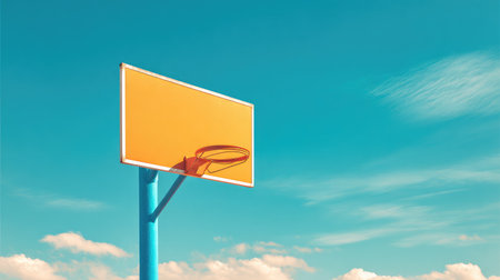 A vibrant yellow basketball hoop stands against a clear blue sky with fluffy white clouds, symbolizing outdoor play and sportsmanship in a minimalistic setting.の素材