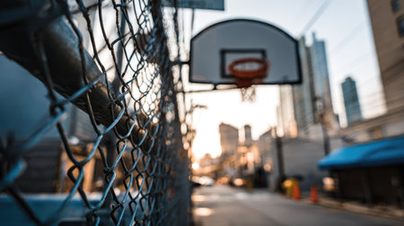 A captivating urban basketball court scene at sunset, featuring fencing in the foreground and a blurred city background, capturing the essence of city life and recreation.の素材