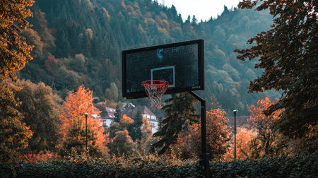 A beautiful basketball hoop stands in a picturesque autumn setting, framed by colorful foliage and majestic mountains, inviting outdoor sport enthusiasts to enjoy the serene landscape.の素材