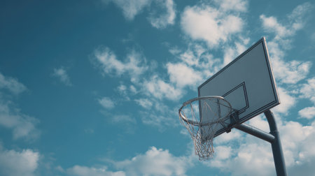 A basketball hoop stands against a vibrant blue sky filled with fluffy clouds, capturing the essence of outdoor sports and active lifestyles in a beautiful setting.の素材