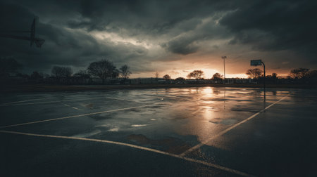 A dramatic sunset casts a warm glow over an empty basketball court, showcasing rain-soaked pavement and dark clouds. The scene captures tranquility and solitude.の素材