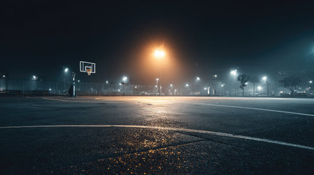 An empty basketball court under streetlights on a foggy night creates a serene, urban atmosphere. The wet asphalt reflects the glow, inviting solitude and quiet.の素材