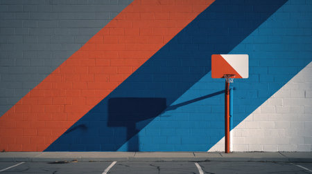 A vibrant urban basketball court features a striking mural with bold colors and geometric shapes. The play of light and shadow adds visual interest to this dynamic scene.の素材