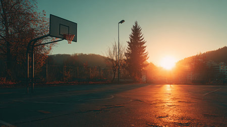 A serene sunset casts a warm glow on an empty basketball court, highlighting the silhouetted hoop and trees, perfect for sports or outdoor lifestyle themes.の素材