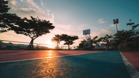 A stunning view of an empty basketball court at sunset, framed by vibrant trees and an urban backdrop, creating a calm atmosphere perfect for relaxation or sports.の素材