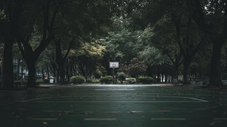 A tranquil urban basketball court sits empty among lush trees during dusk, offering a calm atmosphere perfect for relaxation or reflection in a neighborhood setting.の素材
