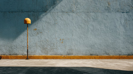 This image captures a vintage basketball hoop standing alone against a weathered blue wall. Soft shadows and urban textures create a minimalist aesthetic perfect for various themes.の素材
