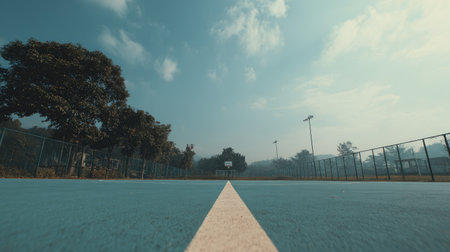 A serene outdoor basketball court featuring a vibrant blue surface under a clear sky, surrounded by lush greenery, ideal for sports and recreational activities in a peaceful setting.の素材