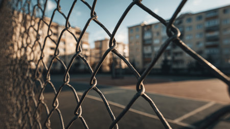 A basketball court is enclosed by a wire fence, showcasing an empty recreational space with residential buildings in the background and a bright sky above.の素材