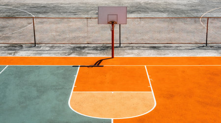 This aerial photo showcases a vibrant basketball court featuring orange and green sections. The empty court highlights an urban recreational space ideal for sports and activities.の素材