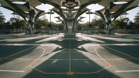 This image captures an urban basketball court showcasing unique architectural elements and artistic shadows at dawn, creating a serene recreational space.の素材