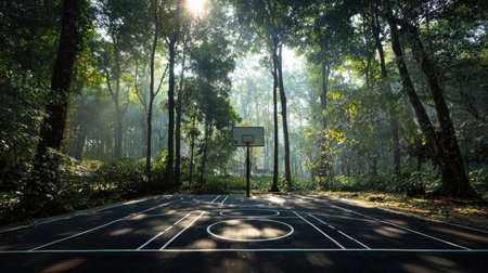 A tranquil basketball court nestled in a verdant forest, illuminated by soft morning light, offers a unique outdoor sports experience amidst nature's beauty.の素材