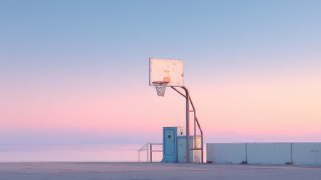 A peaceful basketball court bathed in soft sunset colors creates a tranquil setting for sport and leisure, inviting players to unwind and enjoy the game.の素材