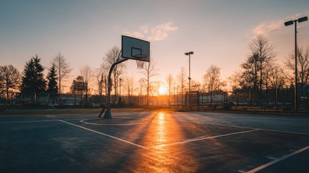 A tranquil basketball court at sunset, showcasing vibrant colors and reflections. Silhouetted trees add depth to this serene outdoor space, perfect for relaxation.の素材