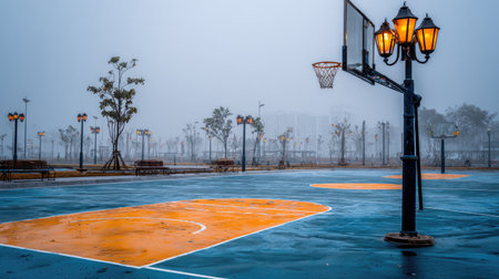 An atmospheric scene of an empty basketball court enveloped in fog, featuring vibrant blue and orange colors along with charming street lamps, creating a serene landscape.の素材