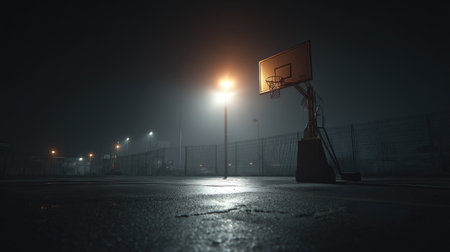 A captivating nighttime scene featuring an empty basketball court shrouded in fog, illuminated by soft streetlights, evoking a reflective atmosphere for sport enthusiasts.の素材