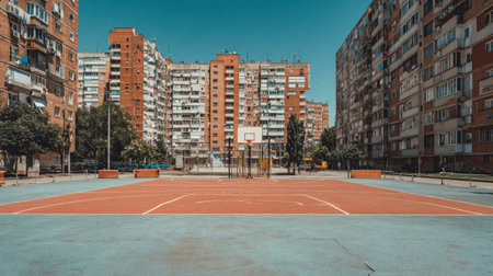 A spacious urban basketball court showcasing a vivid orange playing surface, bordered by residential buildings under a bright blue sky, perfect for active gameplay.の素材
