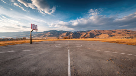 A serene outdoor basketball court surrounded by stunning mountains and a vibrant sunset sky, perfect for illustrating themes of sports, recreation, and natural beauty.の素材