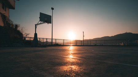 A stunning sunset casts a warm glow over an empty basketball court, featuring a silhouetted hoop. The serene atmosphere invites reflection and tranquility.の素材