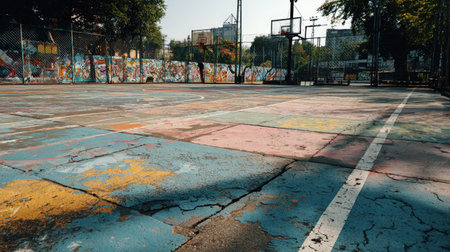 Urban basketball court featuring a vivid, artistic style with graffiti artwork. The textured ground and surrounding greenery create a unique recreational space.の素材