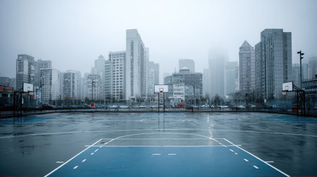 A serene urban basketball court stands vacant under a blanket of fog, surrounded by modern skyscrapers, creating a dramatic atmosphere with reflective surfaces.の素材