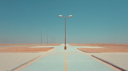 A deserted road stretches into the horizon beneath a clear blue sky, flanked by street lamps, creating a stark impression of tranquility and isolation in nature.の素材