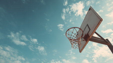 A basketball hoop stands tall against a bright blue sky scattered with fluffy clouds. Perfect for visualizing outdoor sports activities and youthful energy.の素材