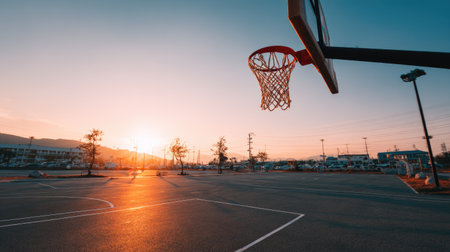 A serene sunset casts warm light over an empty basketball court, showcasing a hoop silhouetted against a vibrant skyline, inviting a sense of tranquility and inspiration.の素材
